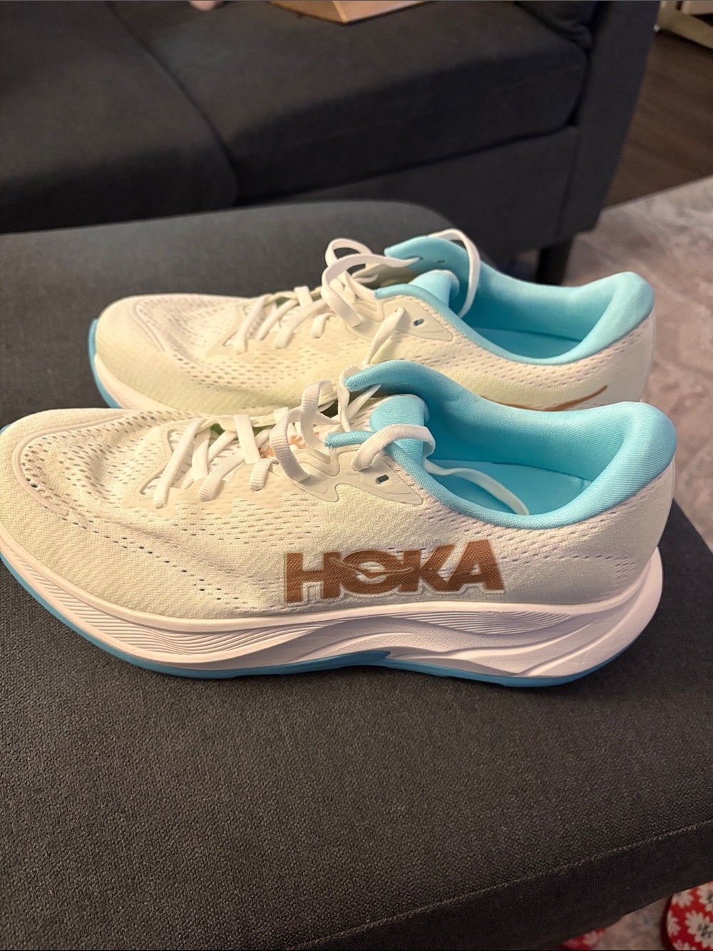 Hoka Women’s White & Aqua Running Sneakers with Gold Logo